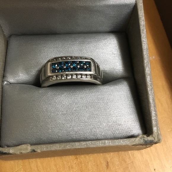 Mens 1/3ct Blue Diamond Brushed Wedding Ring 14k White Gold Men’s 1CTW Blue and White Diamond Silver Ring